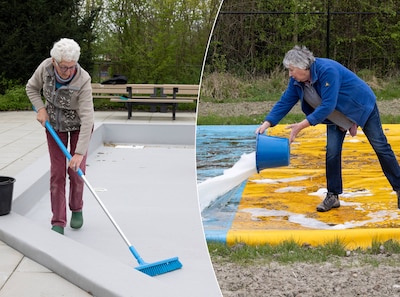 Vrijwilligers klussen er vrolijk op los in zwembad van Sint-Maartensdijk, tien kilometer verderop zijn ze in mineur