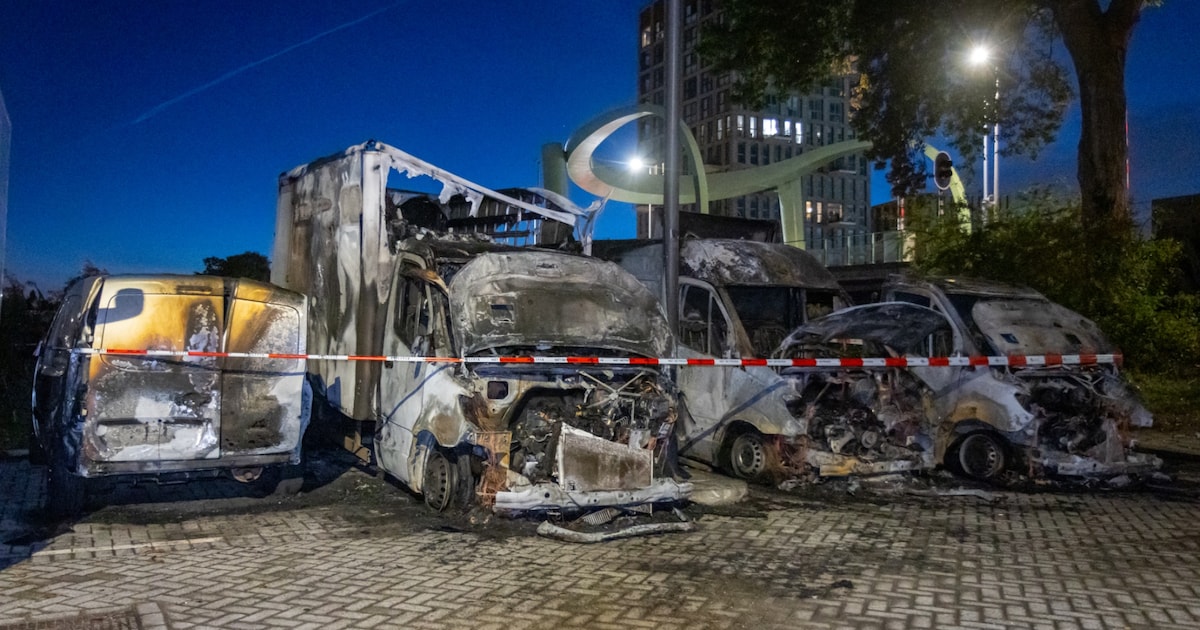 Vier busjes volledig uitgebrand naast Spaansebrug in Rotterdam