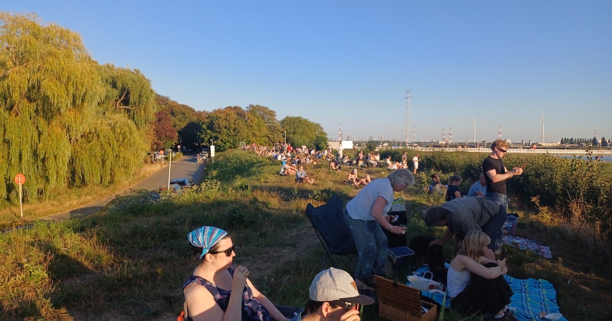 In Antwerpen genieten mensen van de eclips aan het Fort van Lillo