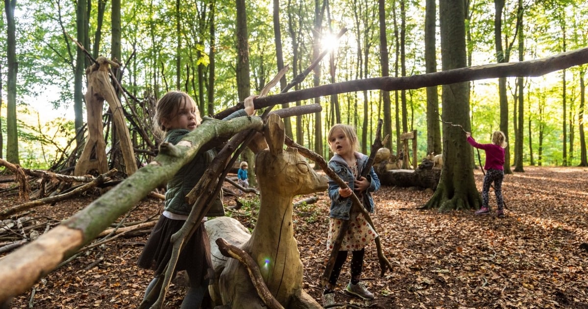 Kinderen sjouwen takken en bouwen hutten in Boswachterij Westerschouwen in Burgh-Haamstede
