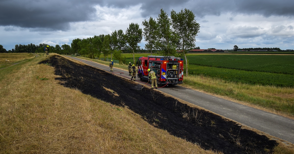 Groot stuk gras op de dijk in Nieuwerkerk in brand
